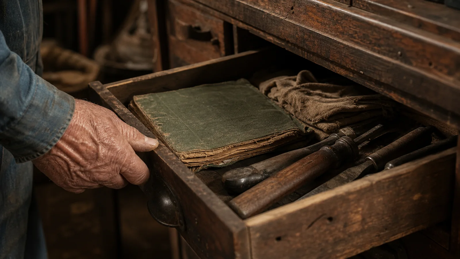 A worn green ledger in Walt's workshop drawer