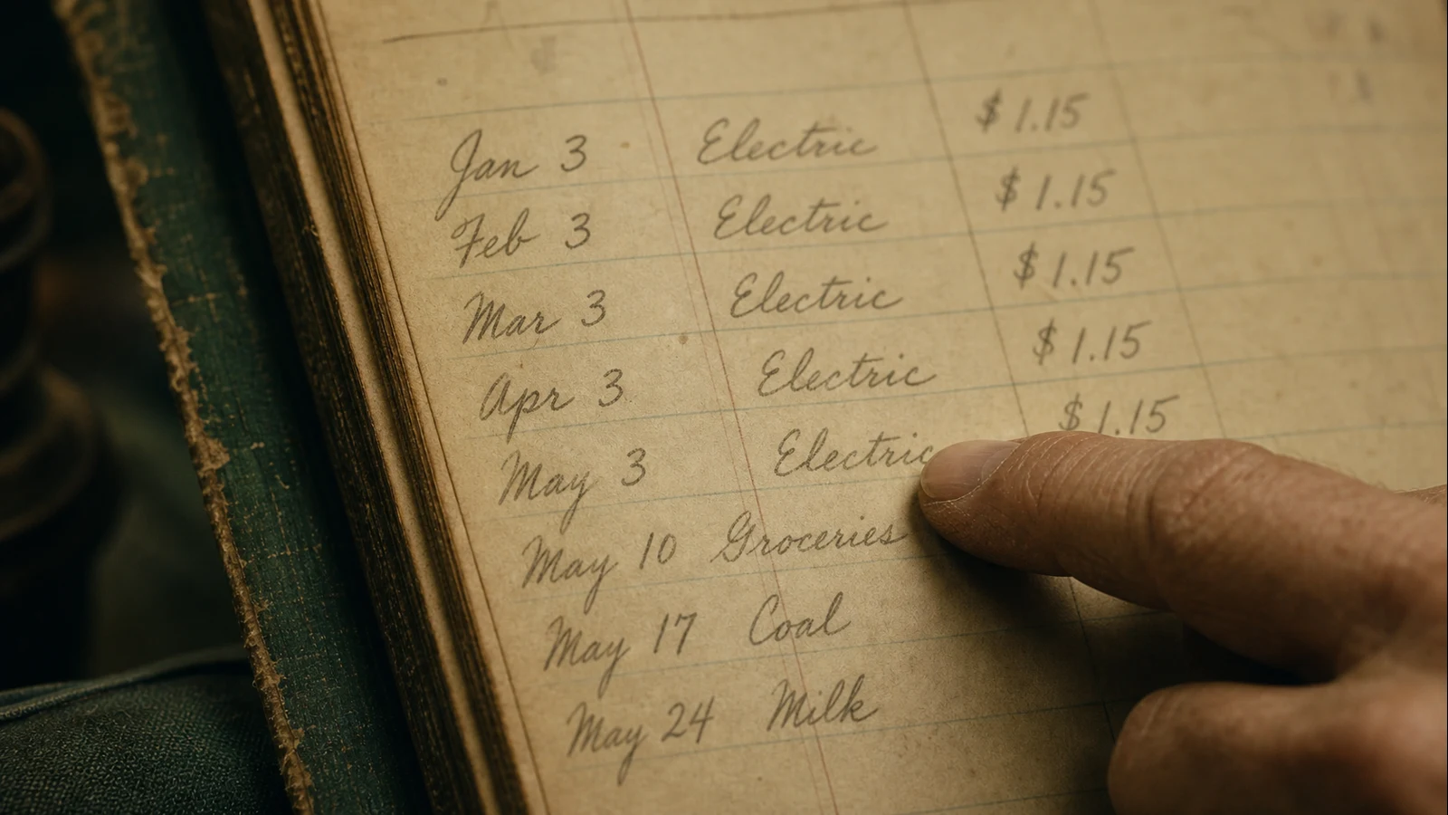 Walt's hand beside entries in the green ledger