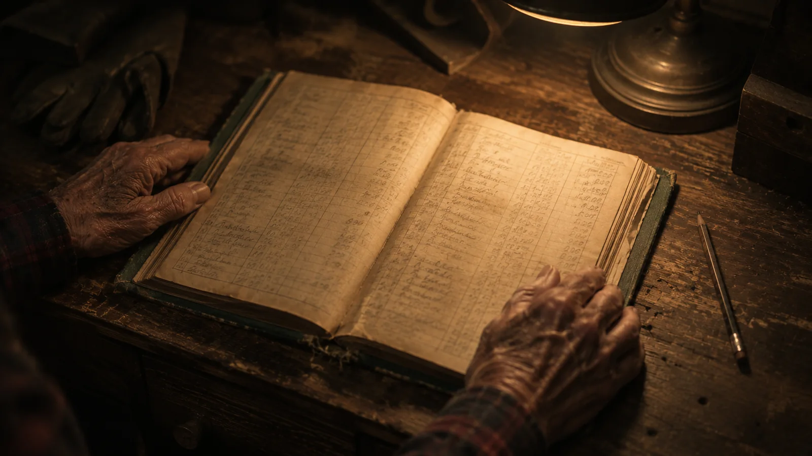 An open household ledger on a wooden workbench